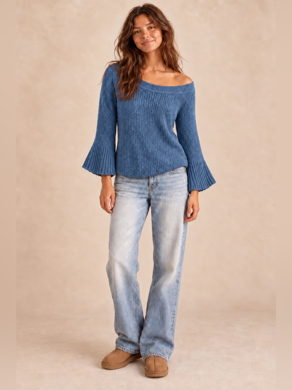 Abercrombie & Fitch Blue Cotton Off Shoulder Bell Sleeve Sweater S